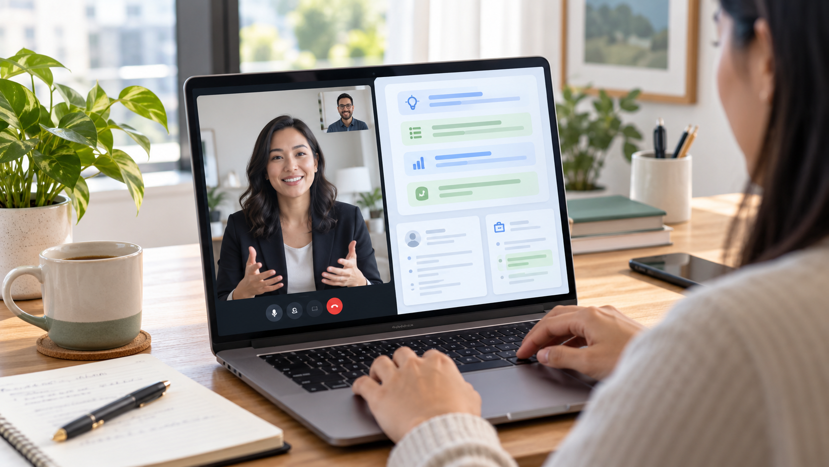 Candidate using an AI interview assistant during a remote video interview