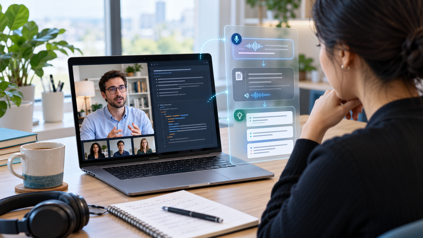 Candidate using an AI interview copilot beside a remote video interview