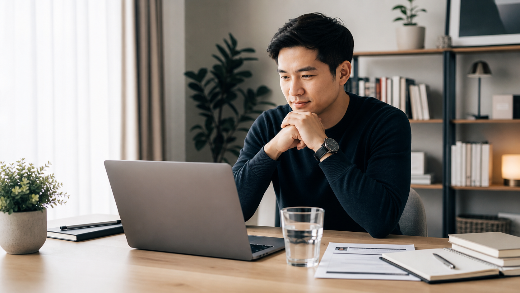 Candidate preparing for a final interview with notes and a laptop