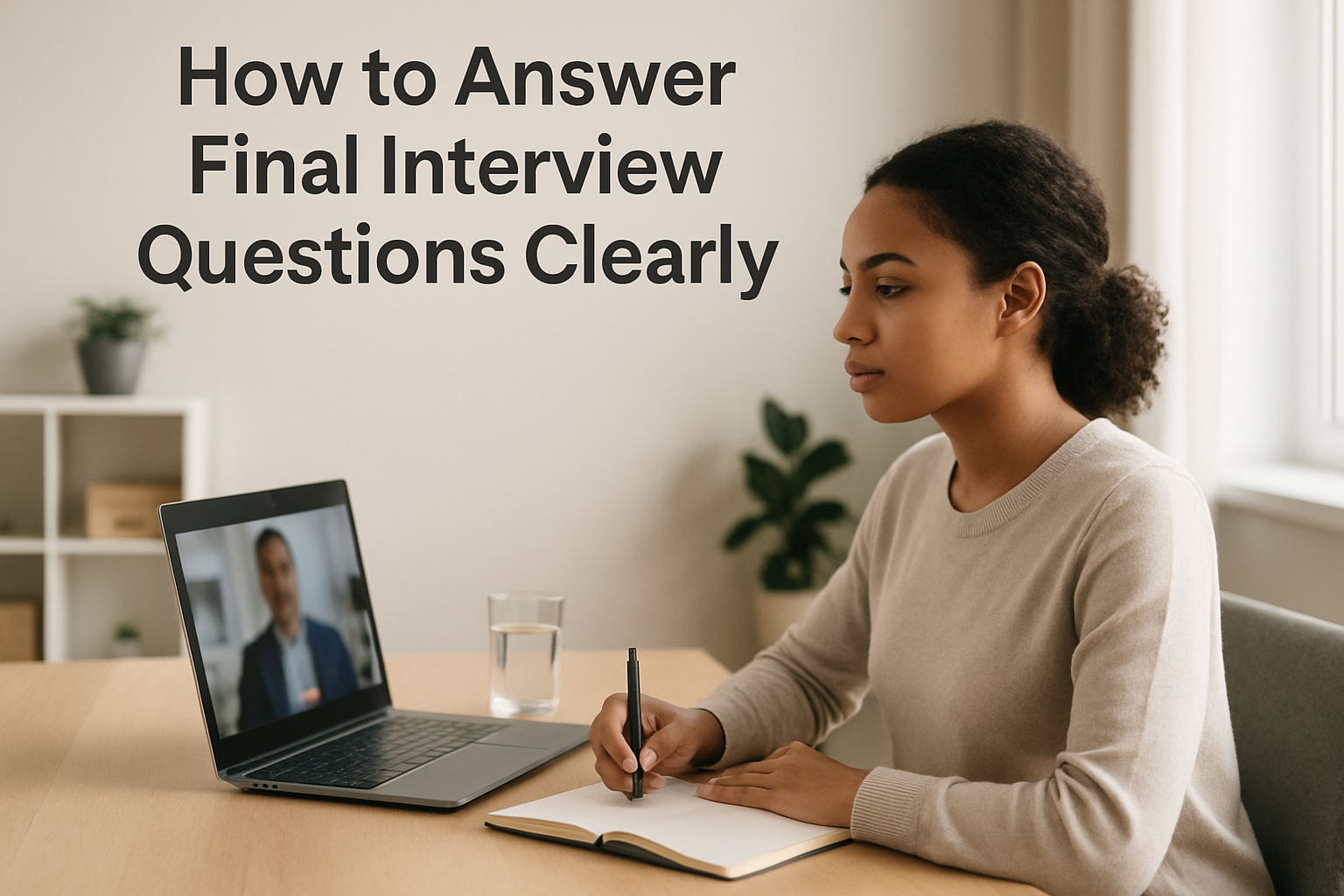 Candidate preparing clear final interview answers with notes and a laptop