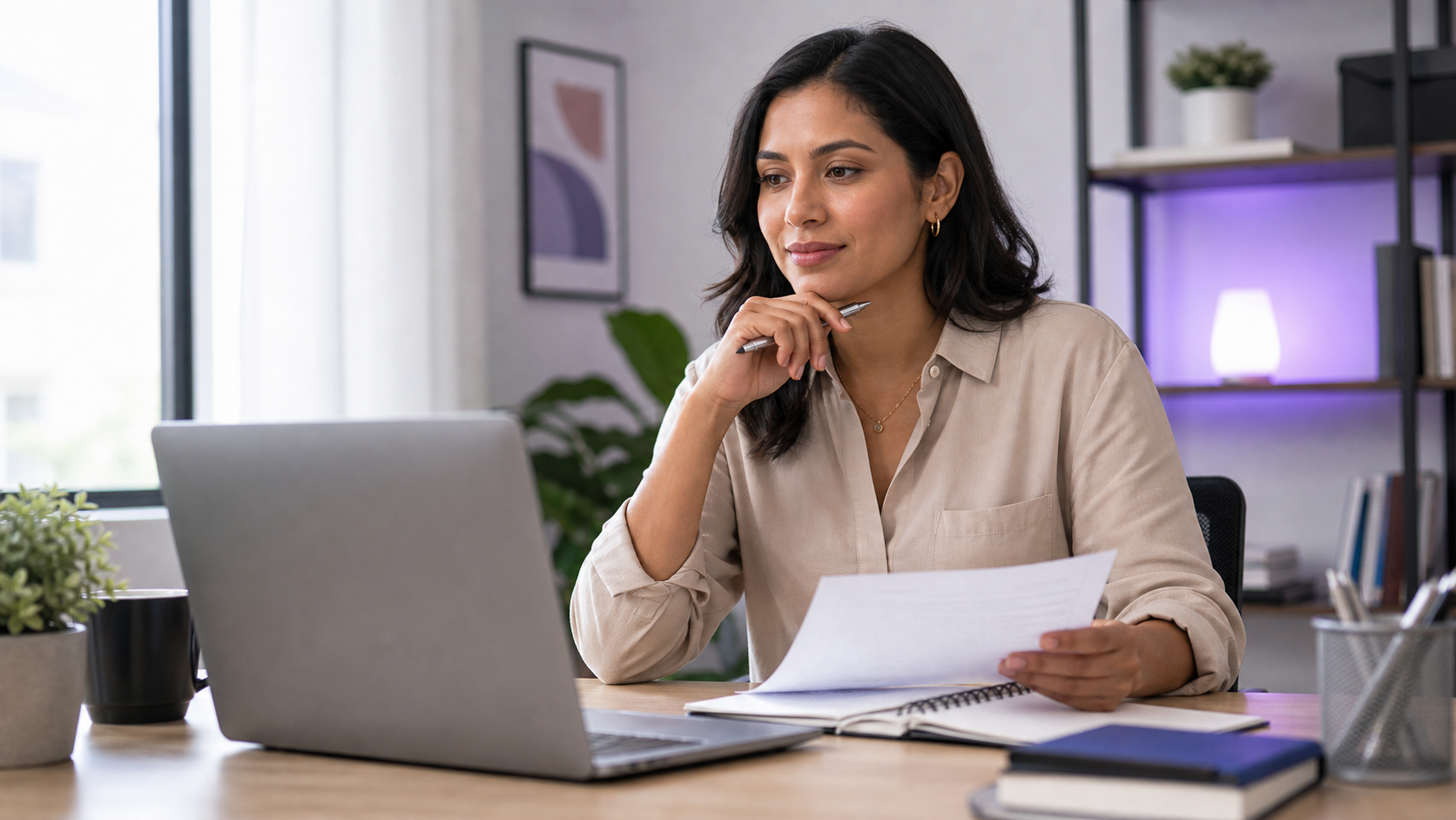 Candidate calmly preparing notes before explaining a career gap in a remote interview