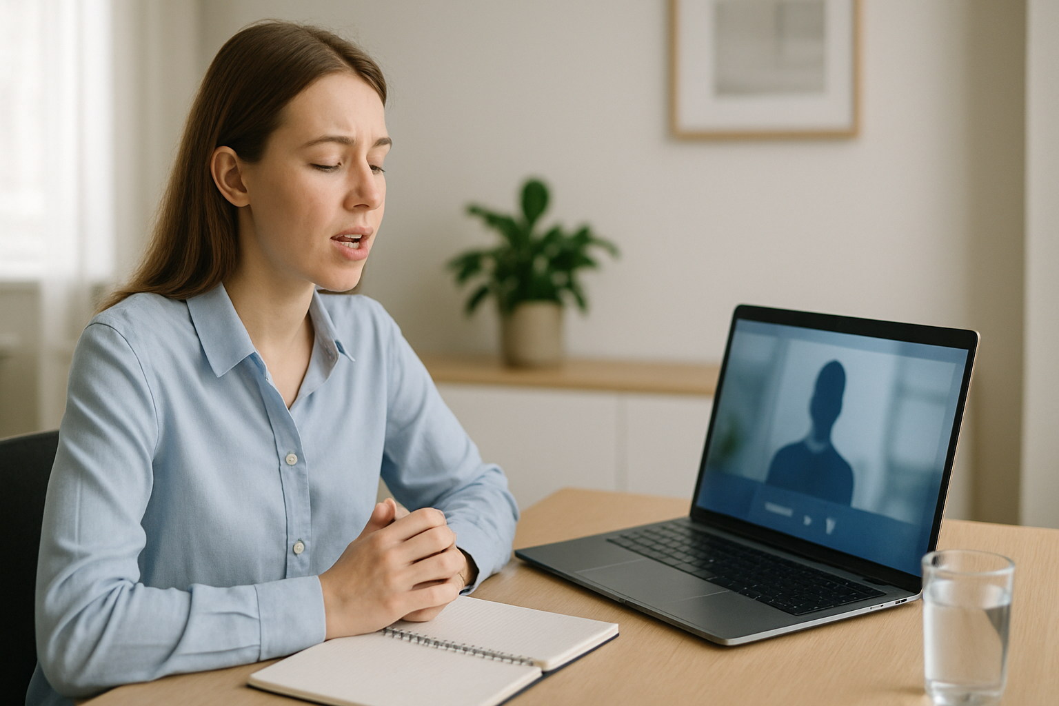 Candidate practicing interview answers out loud before a remote interview