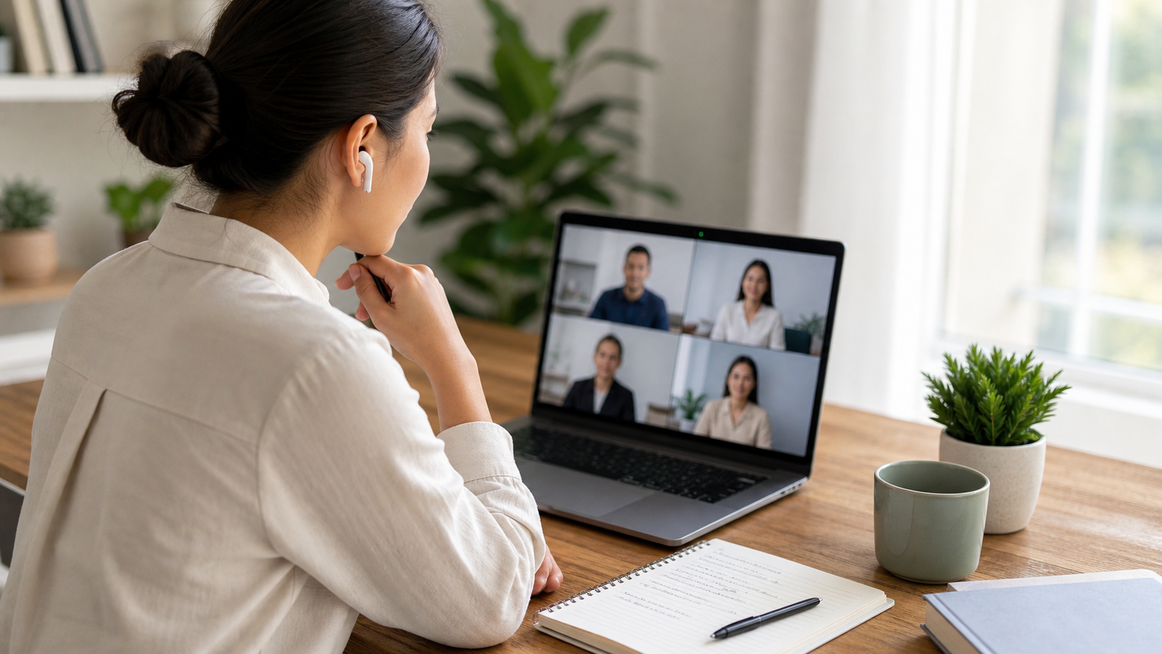 Candidate preparing for a remote panel interview with multiple interviewers on screen