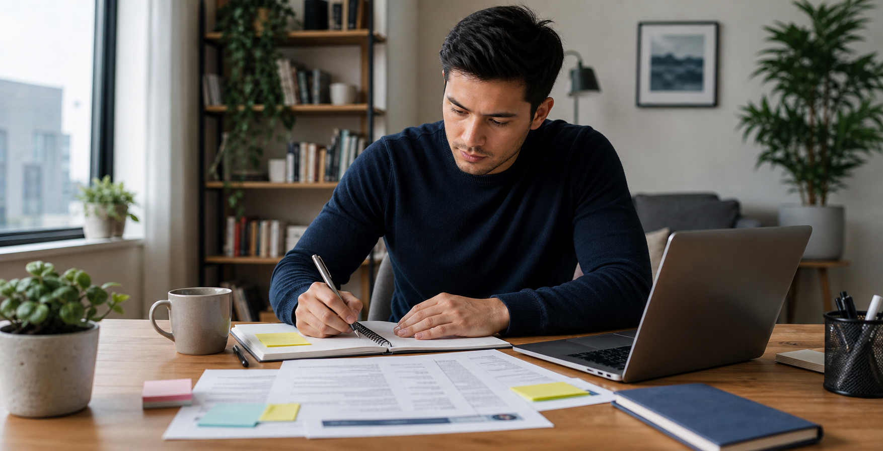 Candidate preparing for an interview with notes and a laptop