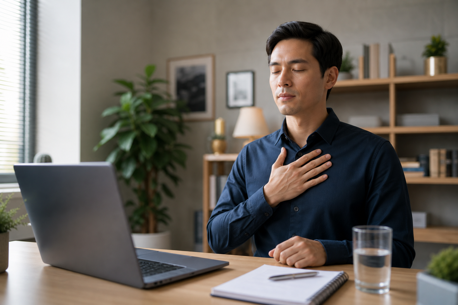 Candidate taking a calming breath during a remote interview