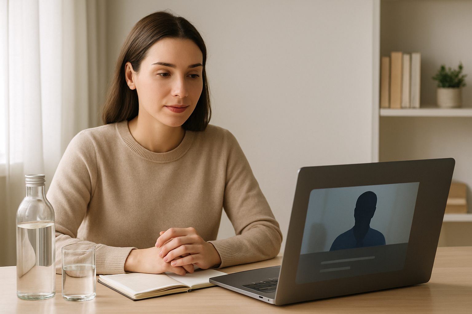 Candidate practicing concise interview answers with notes before a remote interview
