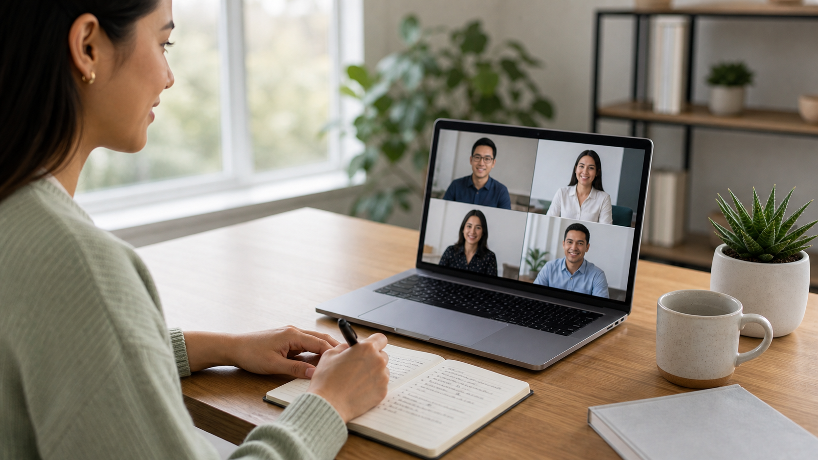 Candidate taking brief notes during a remote interview without looking distracted