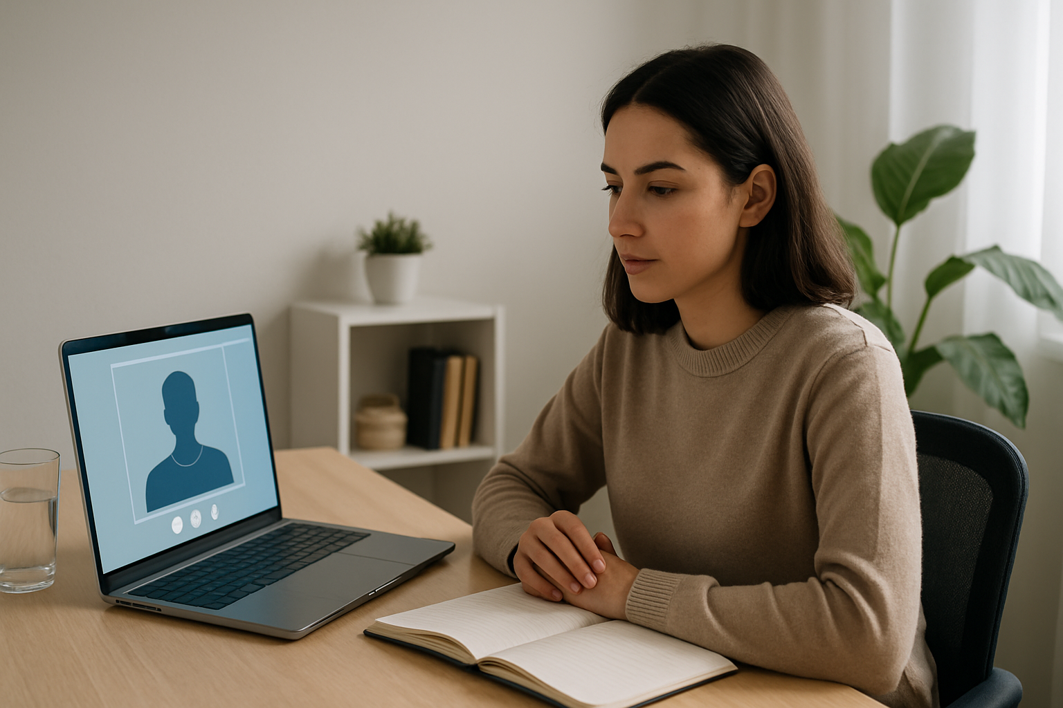 Candidate practicing interview answers at a desk before a remote interview