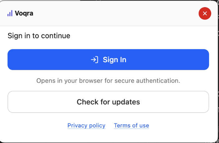 Screenshot of the Voqra desktop sign-in screen