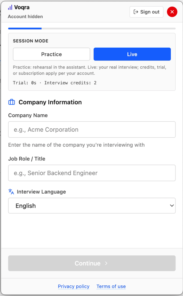 Screenshot of the Voqra desktop company information step