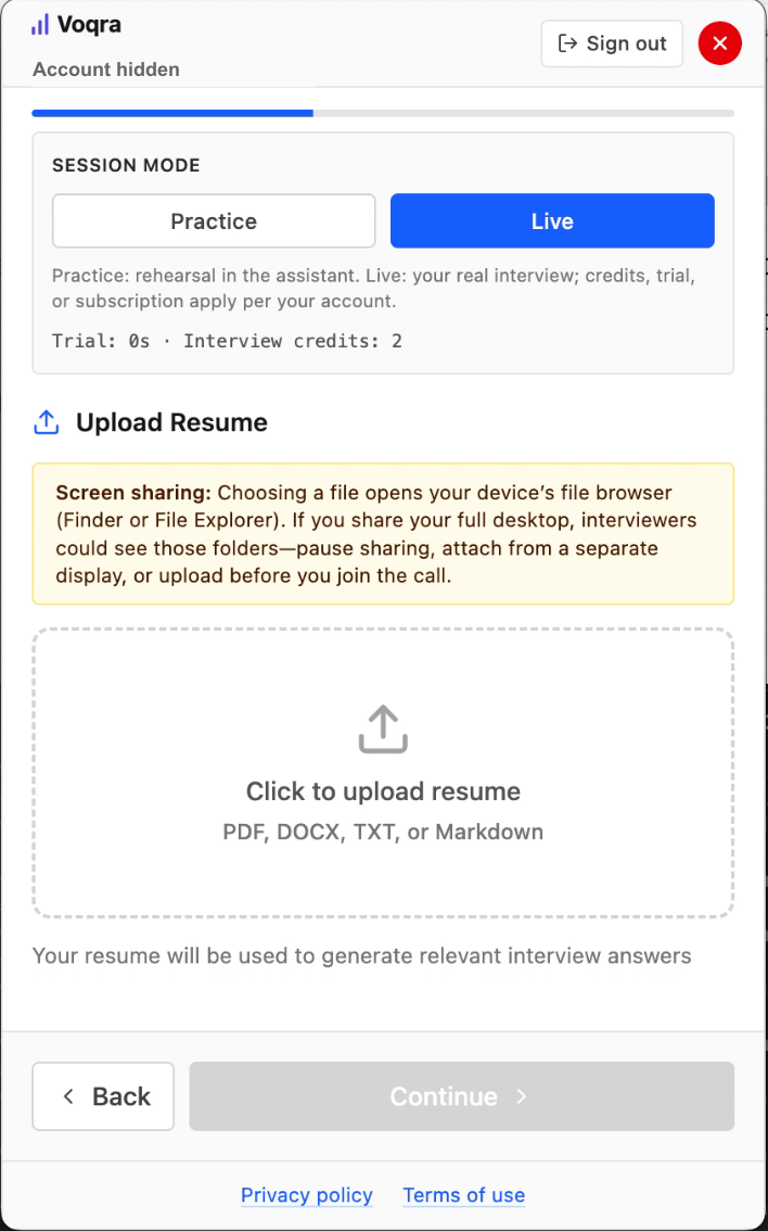 Screenshot of the Voqra desktop resume upload step