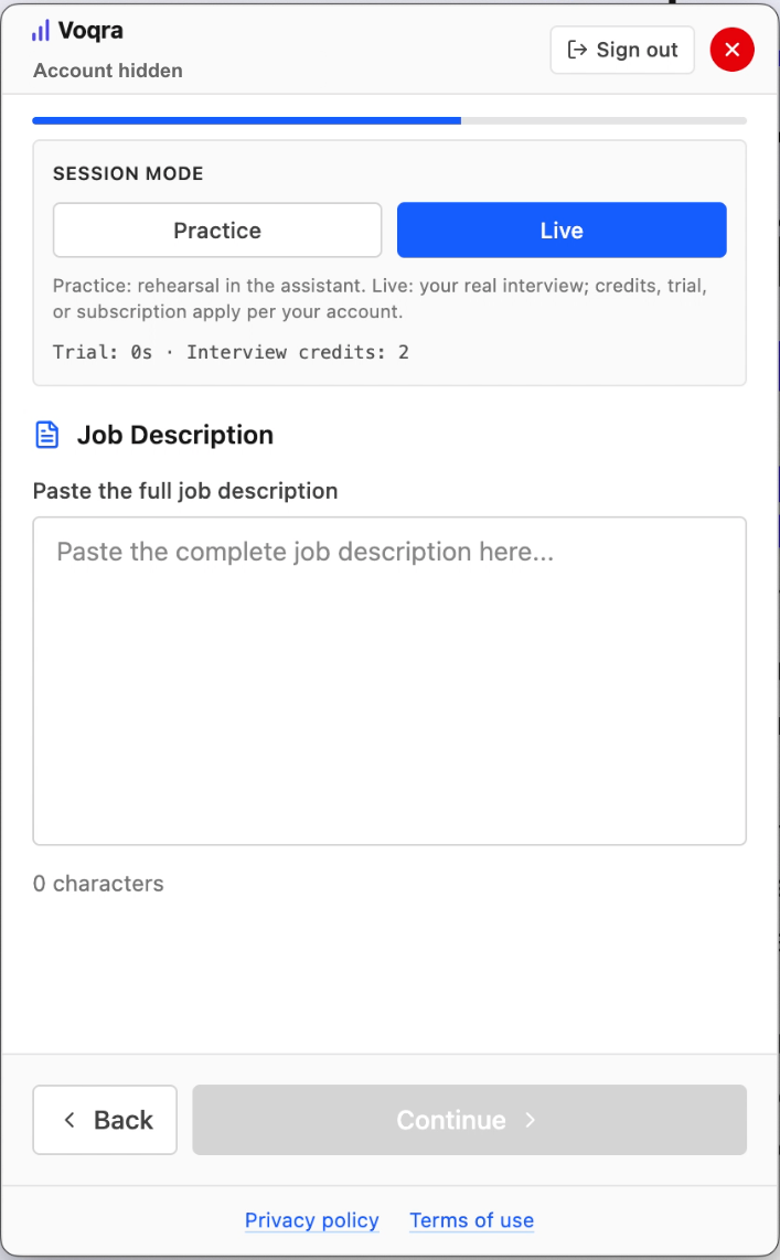 Screenshot of the Voqra desktop job description step