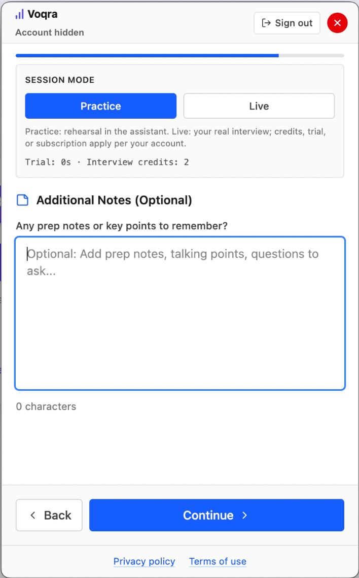 Screenshot of the Voqra desktop additional notes step