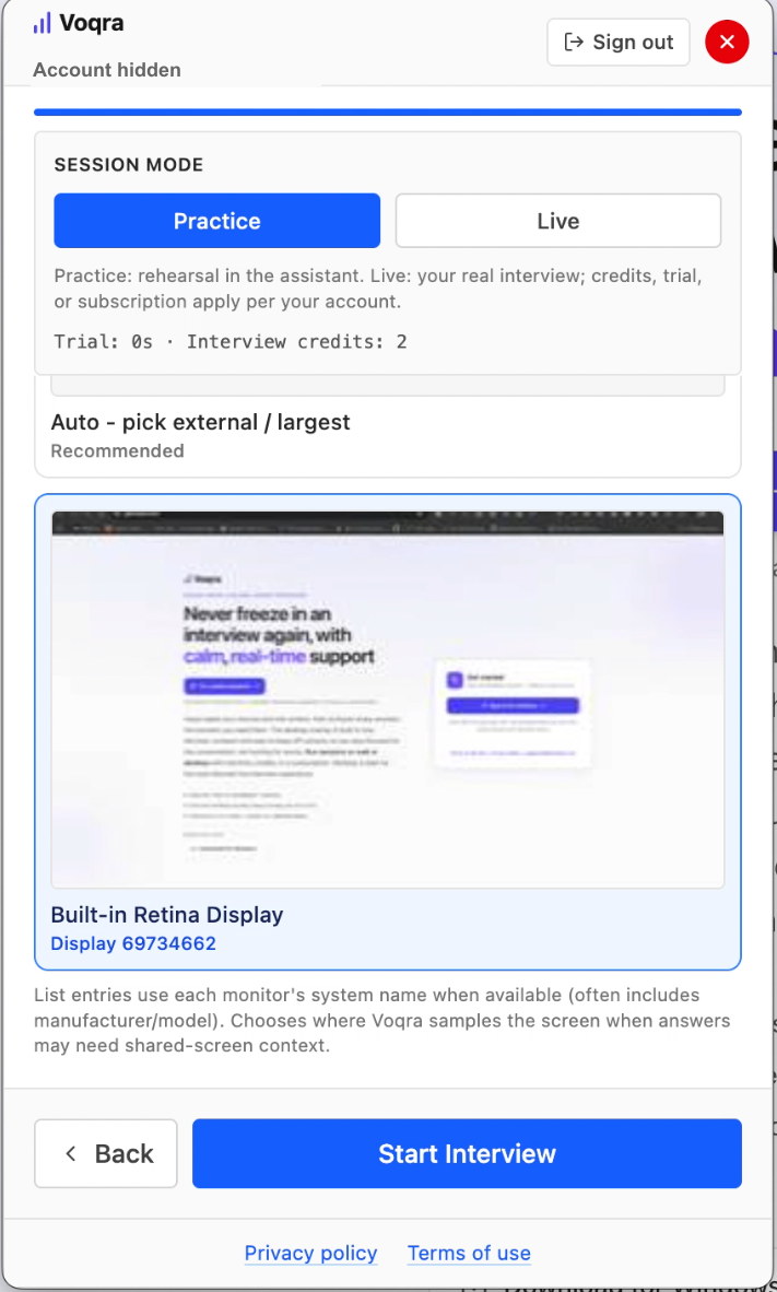 Screenshot of the Voqra desktop screen selection step