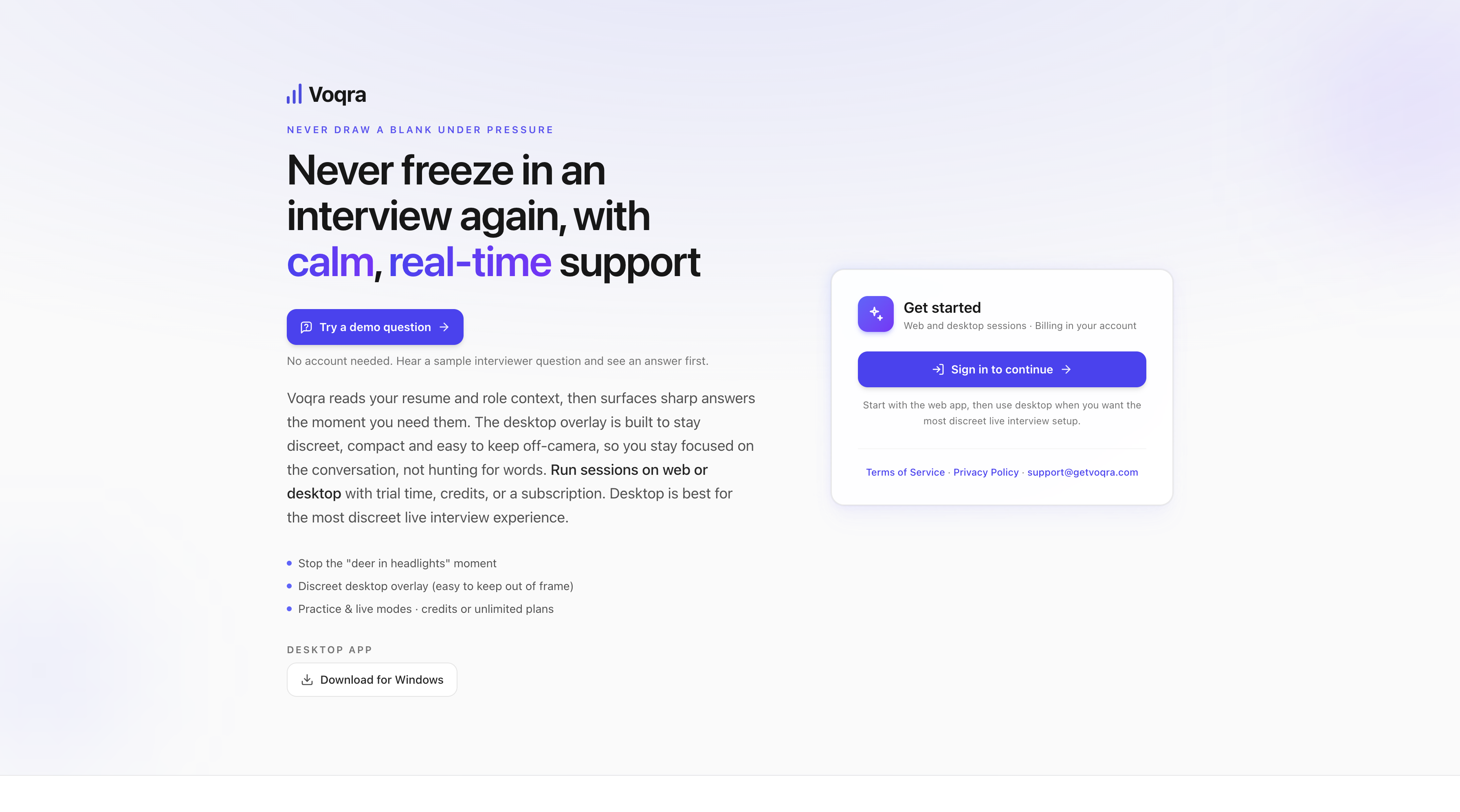Screenshot of the Voqra desktop web sign-in page