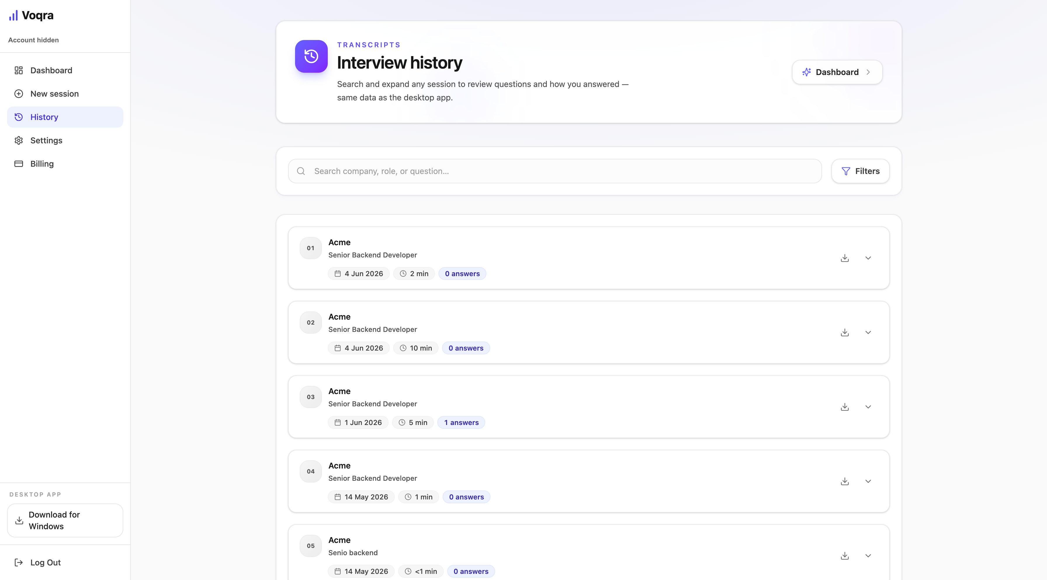Screenshot of the Voqra desktop web interview history page