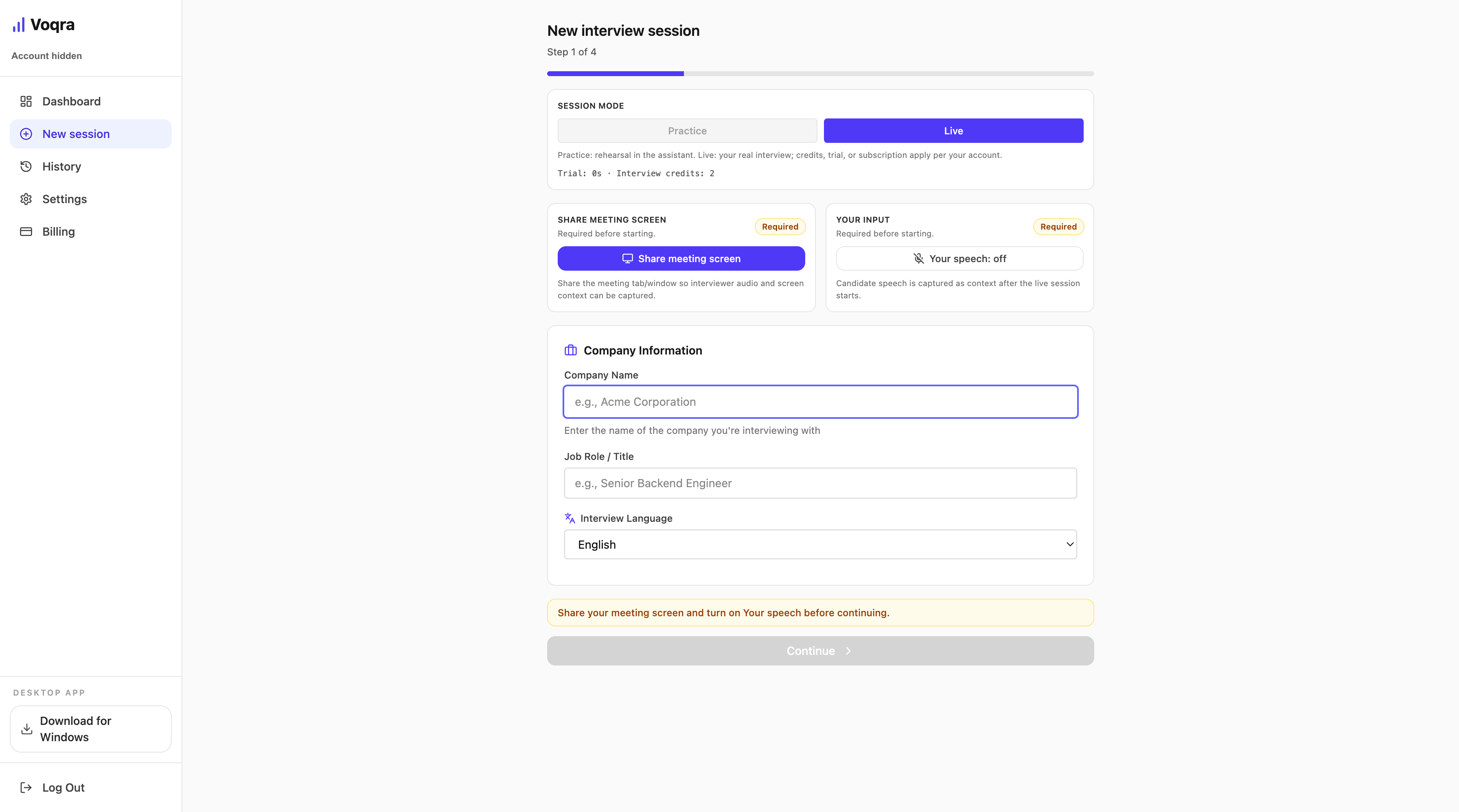 Screenshot of the Voqra desktop web new session setup page