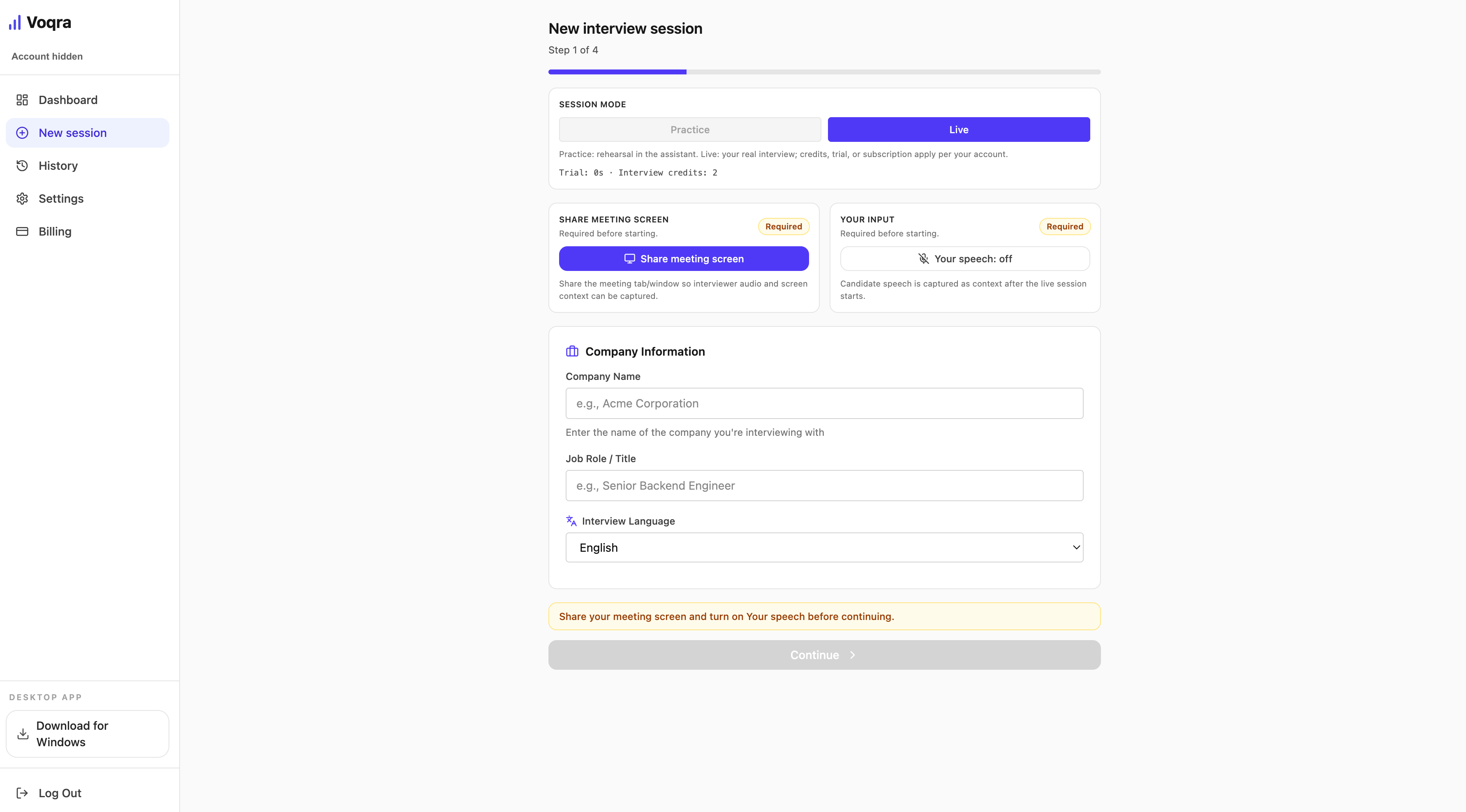 Screenshot of the Voqra desktop web setup page before sharing is complete