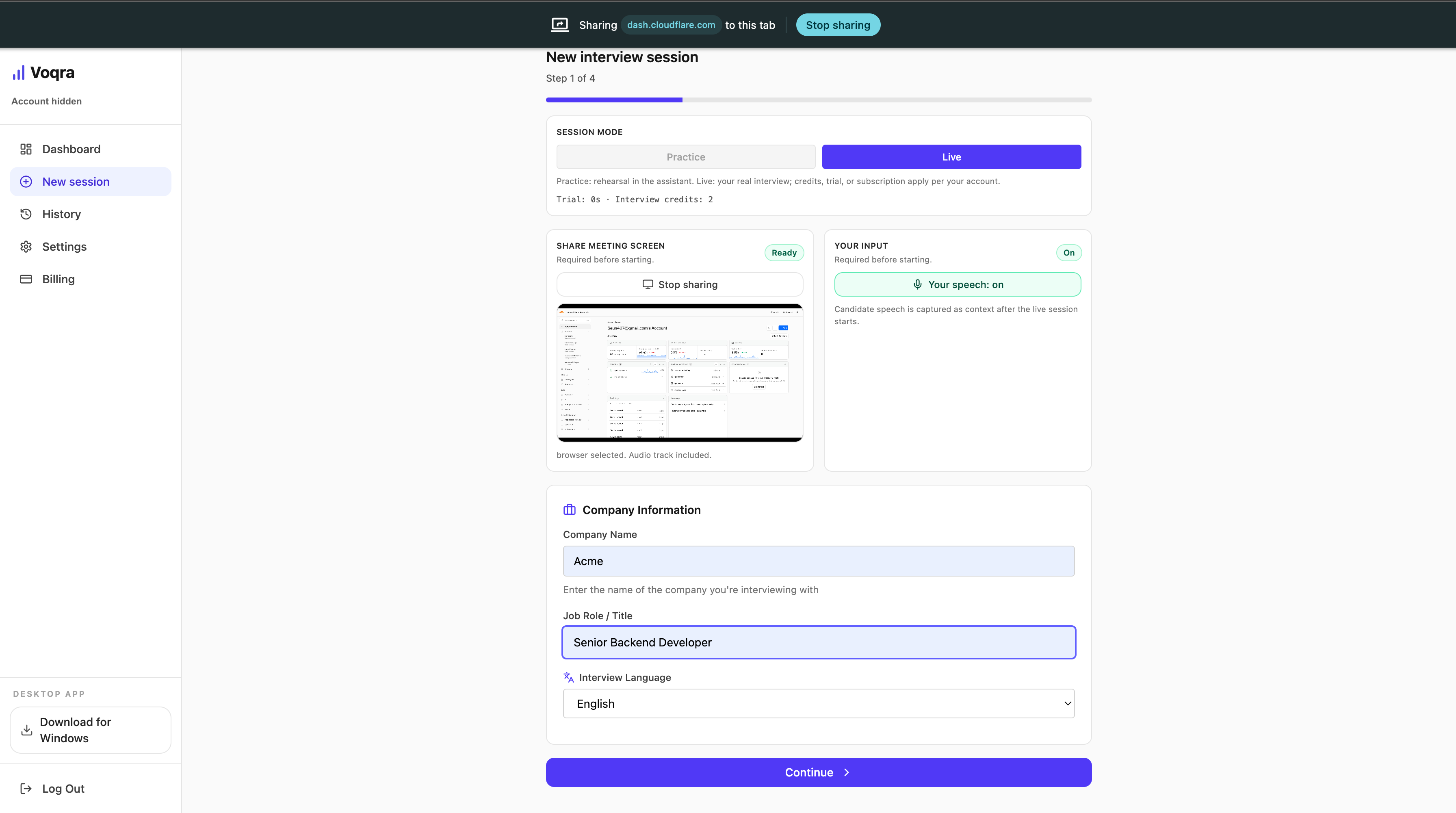 Screenshot of the Voqra desktop web setup page with sharing and speech enabled
