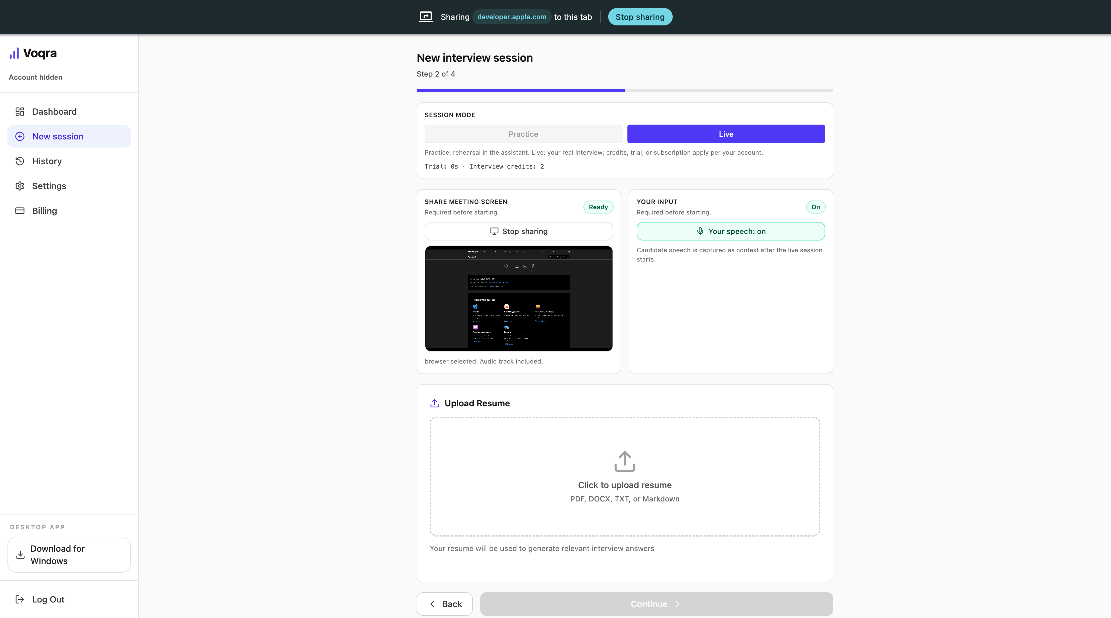 Screenshot of the Voqra desktop web resume upload step