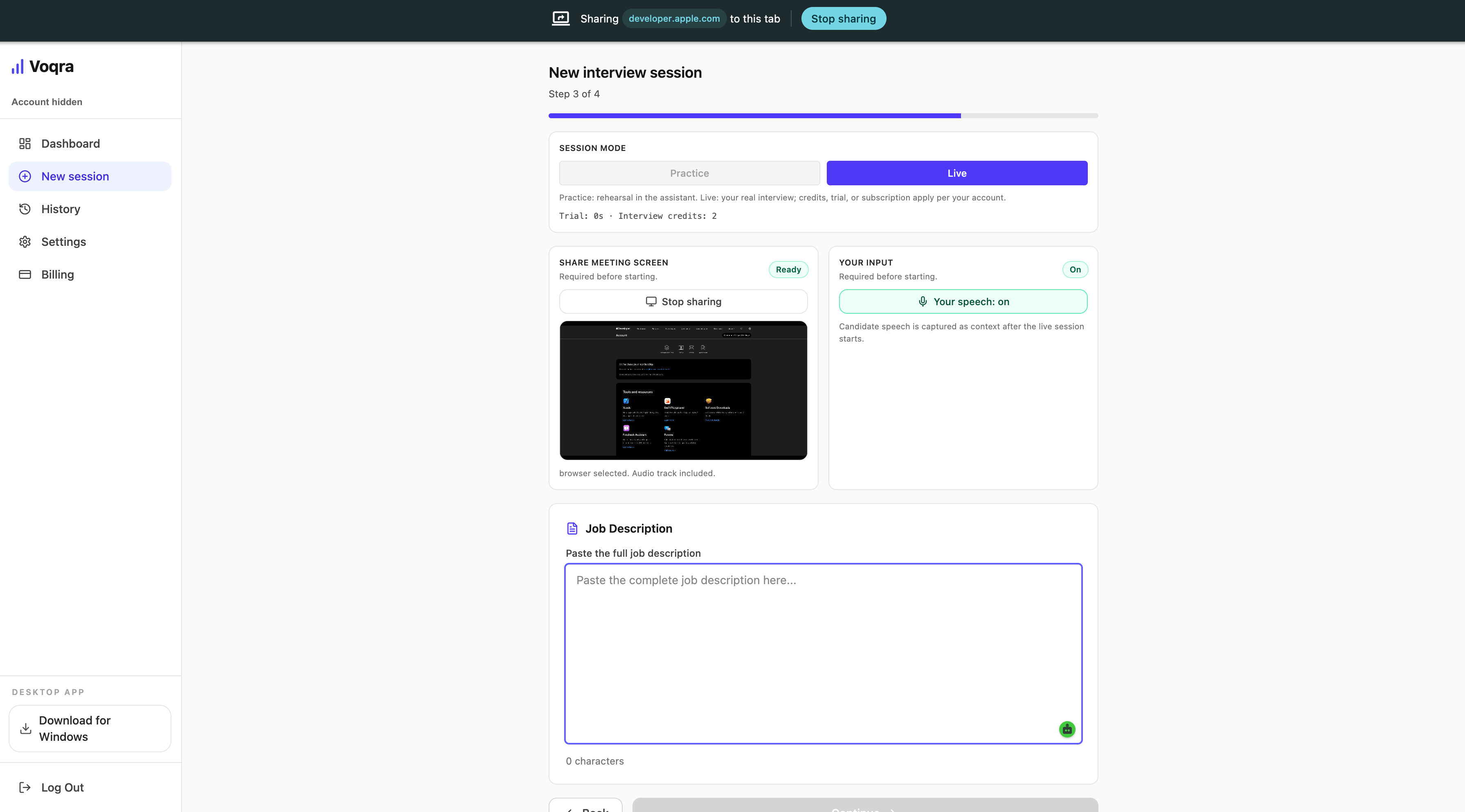 Screenshot of the Voqra desktop web job description step