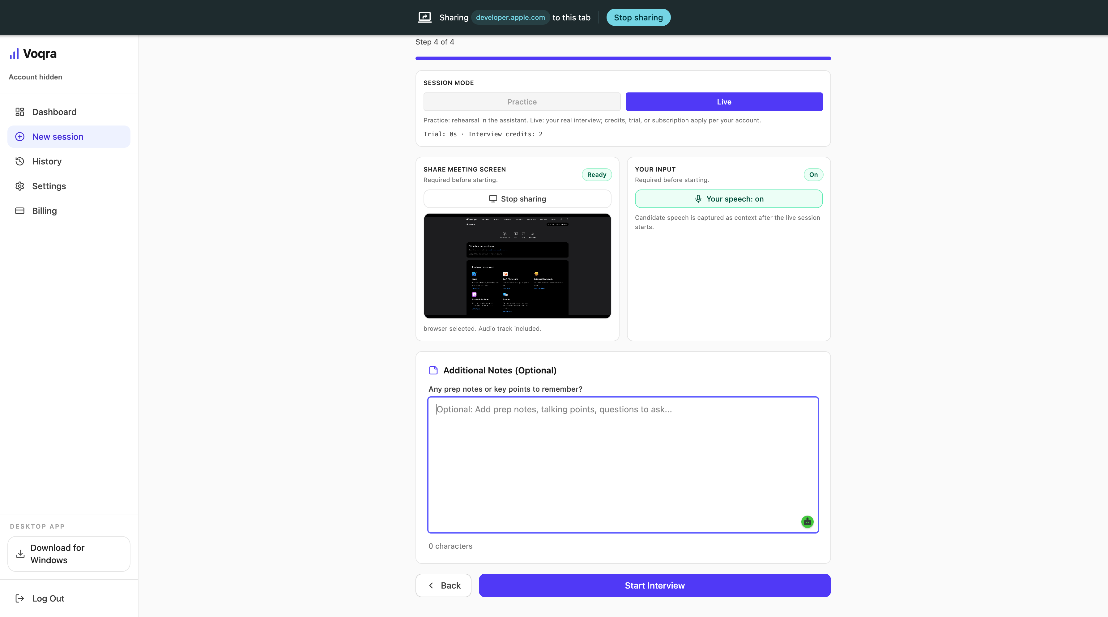 Screenshot of the Voqra desktop web optional notes and start interview step