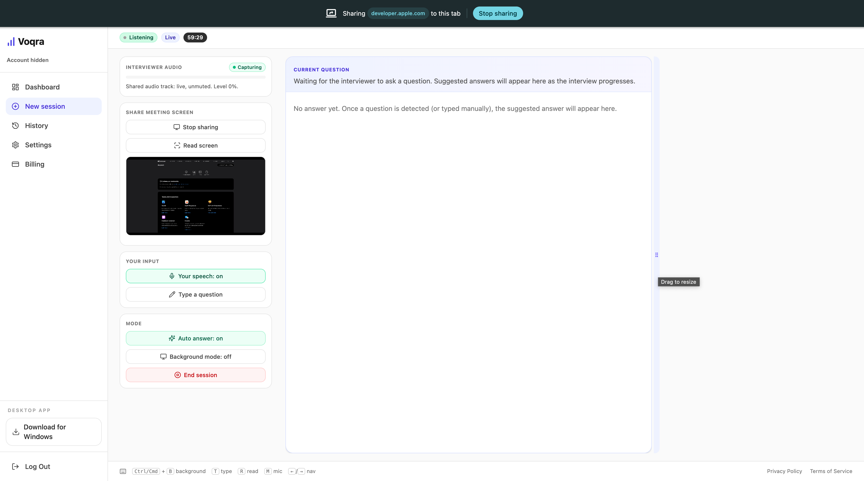 Screenshot of the Voqra desktop web live session view