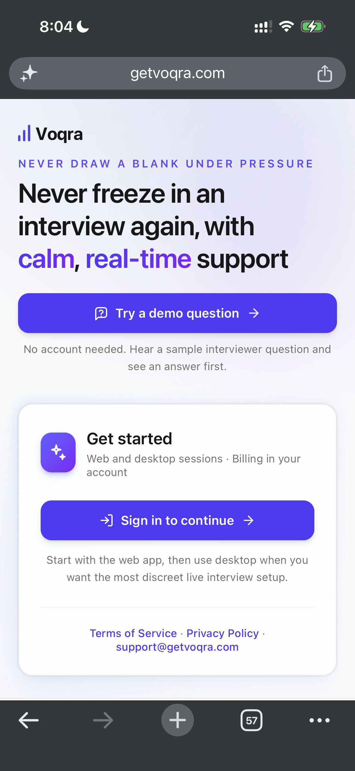 Screenshot of the Voqra mobile web sign-in page