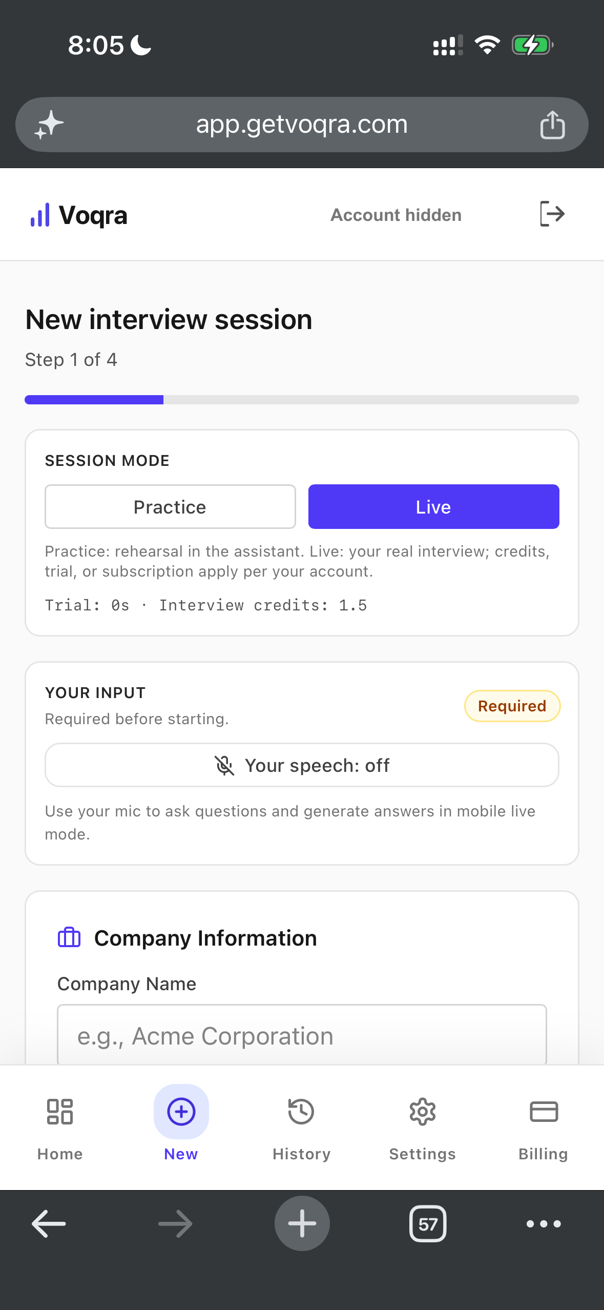 Screenshot of the Voqra mobile web new session page with speech off