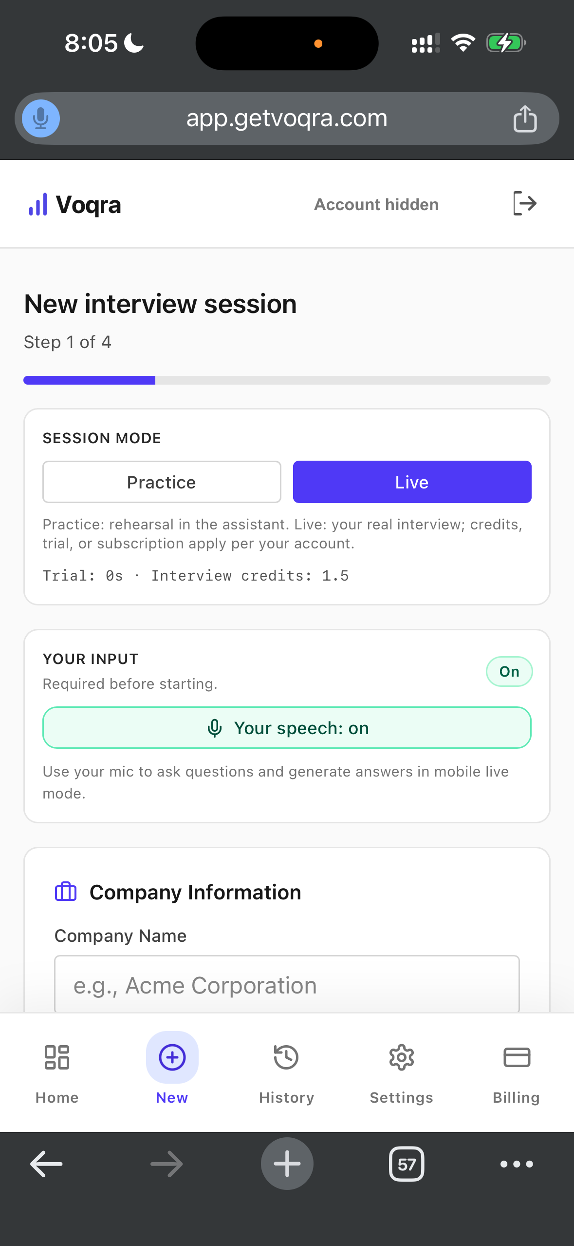 Screenshot of the Voqra mobile web new session page with speech on