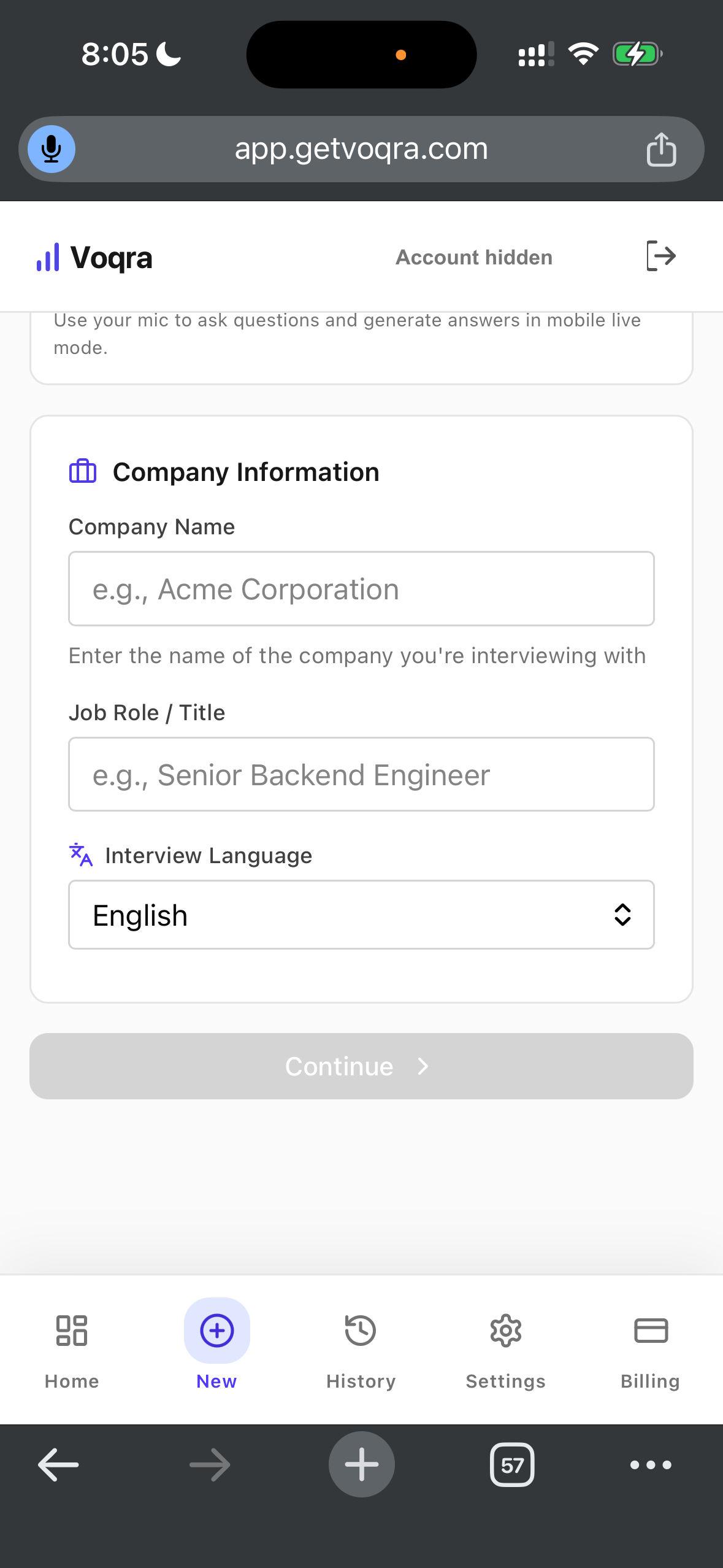 Screenshot of the Voqra mobile web company information step