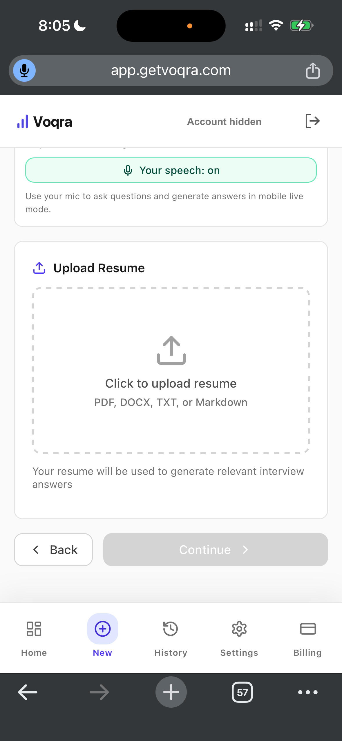 Screenshot of the Voqra mobile web resume upload step