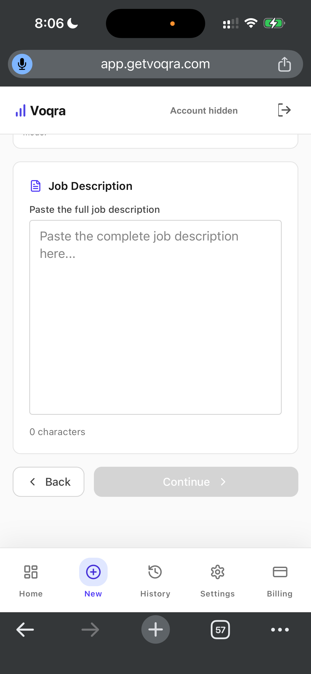 Screenshot of the Voqra mobile web job description step