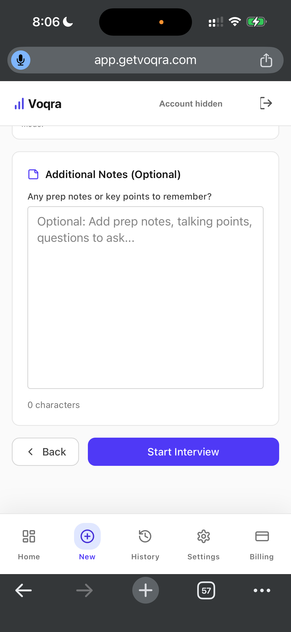 Screenshot of the Voqra mobile web notes and start interview step