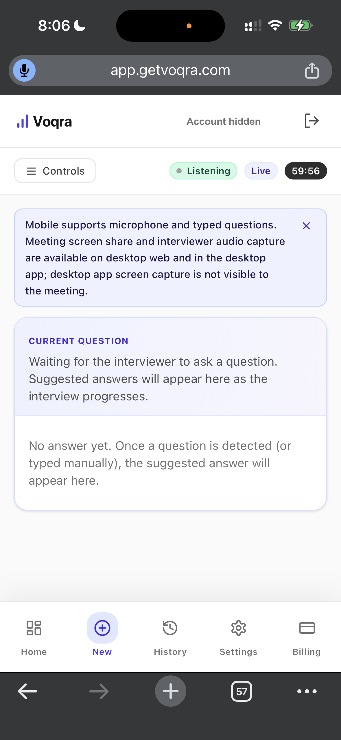 Screenshot of the Voqra mobile web live session page